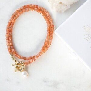 GORGEOUS Sunstone Beaded Necklace Gold Toggle Clasp Removable Pearl UNIQUE GIFT